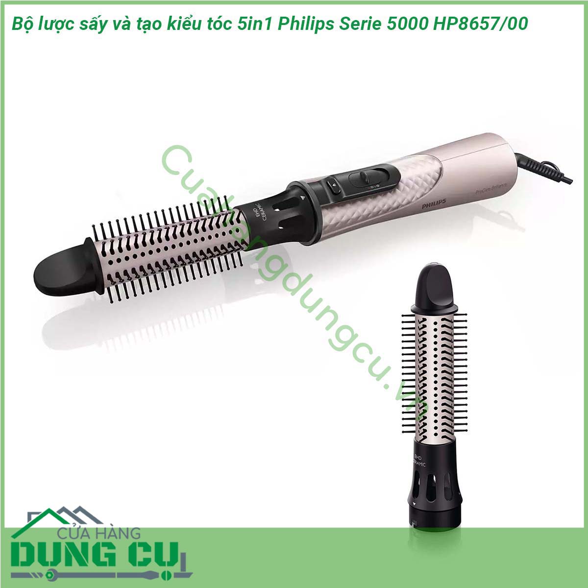 Bộ lược sấy và tạo kiểu tóc 5in1 Philips Serie 5000 HP8657 00 với 5 phụ kiện giúp sấy khô và tạo kiểu tóc đa dạng chăm sóc tóc và cho kết quả bóng mượt hoàn hảo nhờ chức năng ion hoá  Với thân máy siêu nhẹ chất liệu chắc chắn thiết kế đầu thoát khí giúp thân máy làm mát tốt