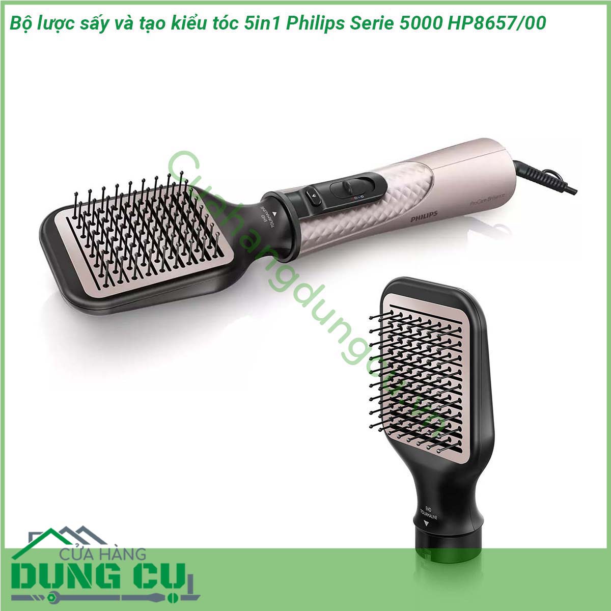 Bộ lược sấy và tạo kiểu tóc 5in1 Philips Serie 5000 HP8657 00 với 5 phụ kiện giúp sấy khô và tạo kiểu tóc đa dạng chăm sóc tóc và cho kết quả bóng mượt hoàn hảo nhờ chức năng ion hoá  Với thân máy siêu nhẹ chất liệu chắc chắn thiết kế đầu thoát khí giúp thân máy làm mát tốt