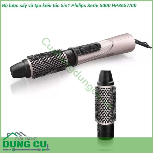 Bộ lược sấy và tạo kiểu tóc 5in1 Philips Serie 5000 HP8657 00 với 5 phụ kiện giúp sấy khô và tạo kiểu tóc đa dạng chăm sóc tóc và cho kết quả bóng mượt hoàn hảo nhờ chức năng ion hoá  Với thân máy siêu nhẹ chất liệu chắc chắn thiết kế đầu thoát khí giúp thân máy làm mát tốt