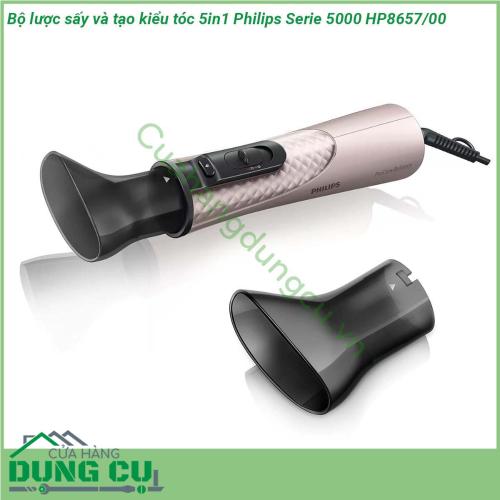 Bộ lược sấy và tạo kiểu tóc 5in1 Philips Serie 5000 HP8657 00 với 5 phụ kiện giúp sấy khô và tạo kiểu tóc đa dạng chăm sóc tóc và cho kết quả bóng mượt hoàn hảo nhờ chức năng ion hoá  Với thân máy siêu nhẹ chất liệu chắc chắn thiết kế đầu thoát khí giúp thân máy làm mát tốt