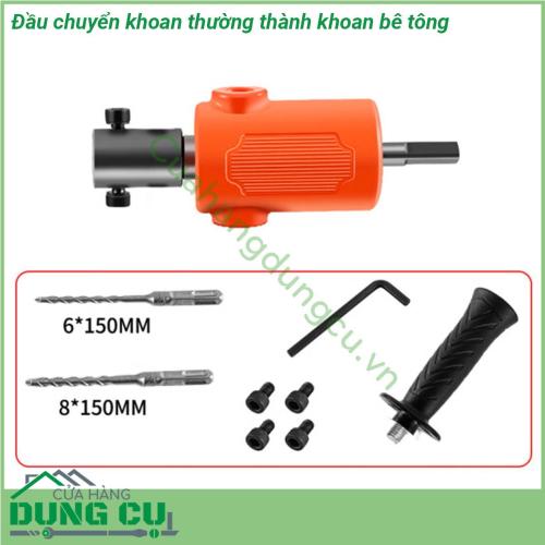 Đầu chuyển khoan thường thành khoan bê tông được thiết kế nhỏ gọn thông minh sáng tạo dễ dàng gắn máy khoan vít thành máy khoan bê tông tiện dụng phù hợp gia đình sử dụng để khoan các lỗ treo tranh ảnh treo đồ đa năng