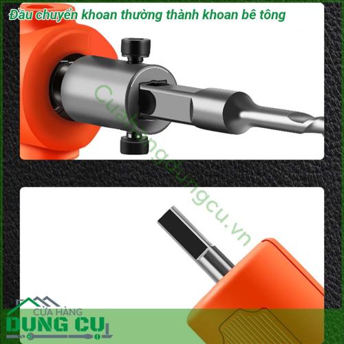 Đầu chuyển khoan thường thành khoan bê tông được thiết kế nhỏ gọn thông minh sáng tạo dễ dàng gắn máy khoan vít thành máy khoan bê tông tiện dụng phù hợp gia đình sử dụng để khoan các lỗ treo tranh ảnh treo đồ đa năng