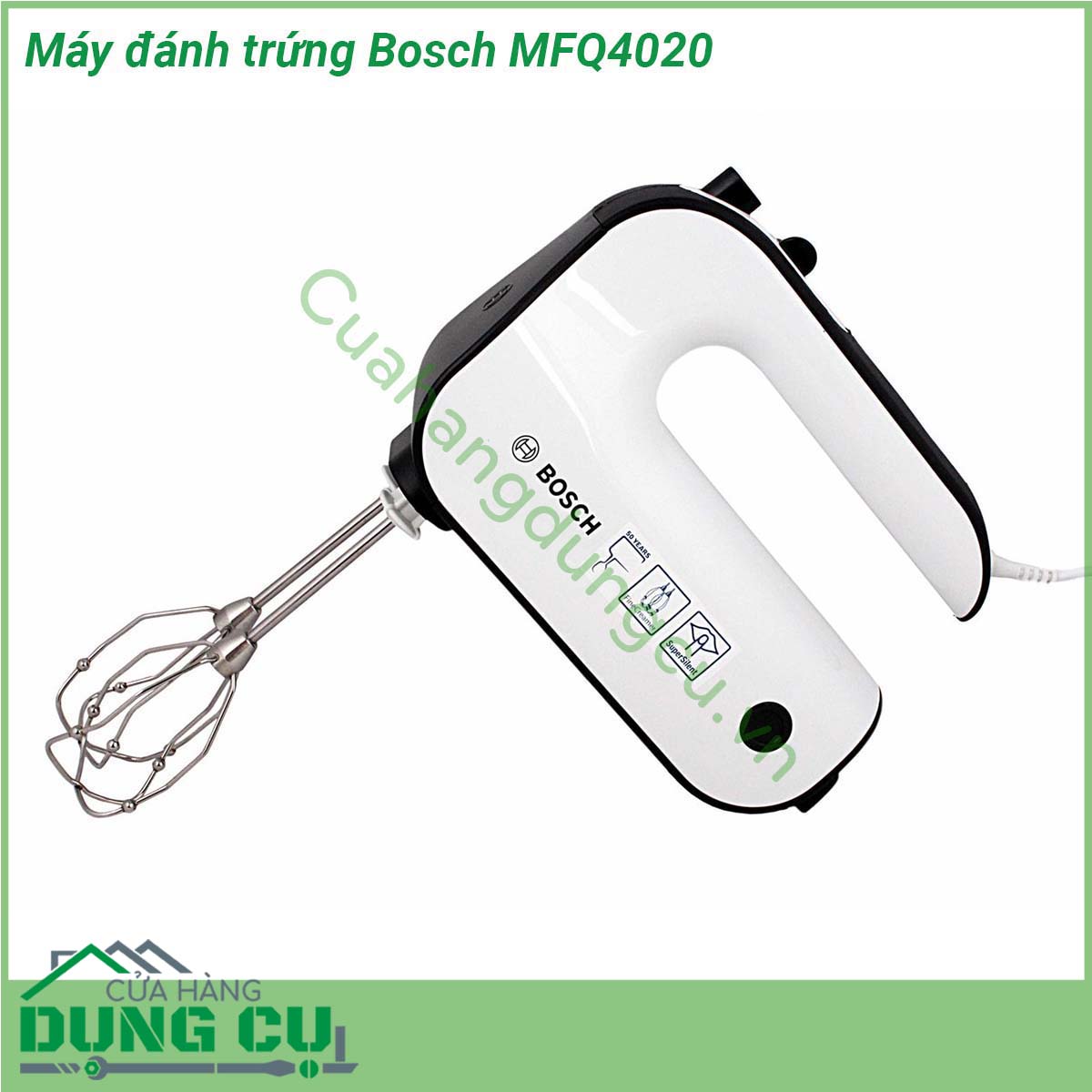 Máy đánh trứng Bosch MFQ4020 có thiết kế gọn nhẹ trang nhã dễ sử dụng hiệu quả lâu bền  hoạt động mạnh mẽ với công suất 450W cùng 5 tốc độ sẽ giúp bạn nhào trộn bột đánh kem đánh trứng và các loại thực phẩm một cách dễ dàng Máy được trang bị 2 bộ que đánh bằng thép không gỉ đảm bảo sức khỏe người dùng và dễ dàng thay thế khi cần thiết Với Máy đánh trứng Bosch MFQ4020 công việc bếp núc của bạn sẽ trở nên nhanh chóng và tiện lợi hơn