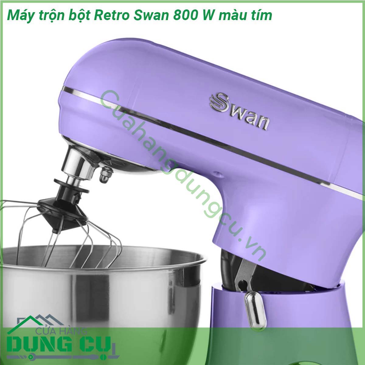 Máy trộn bột Retro Swan 800 W màu tím có thiết kế đẹp phong cách retro cổ điển nhỏ gọn vừa phải Với nhiều màu sắc xinh xắn tím be và vàng xinh xắn đáng yêu là lựa chọn cho các chị em yêu thích căn bếp nhỏ của mình  Công suất 800 W mạnh mẽ 8 tốc độ thay đổi và chức năng xung máy trộn đứng Swan Retro giúp thực hiện các công việc nhẹ nhàng như đánh đánh kem gấp và trộn