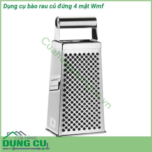 Dụng cụ bào rau củ đứng 4 mặt Wmf giúp bạn có thể bào và nạo trái cây rau củ và nhiều loại thực phẩm khác như gừng các loại hạt sô cô la một cách nhanh chóng và ít tốn công sức Dụng cụ nạo hình vuông với 4 bề mặt nạo có kích thước và kiểu nạo khác nhau được sử dụng linh hoạt đa năng là dụng cụ nạo hoàn hảo trong nhà bếp của bạn Lý tưởng để nạo thái bào dưa chuột cà rốt gừng táo các loại hạt nhục đậu khấu sô cô la chanh và vỏ cam…