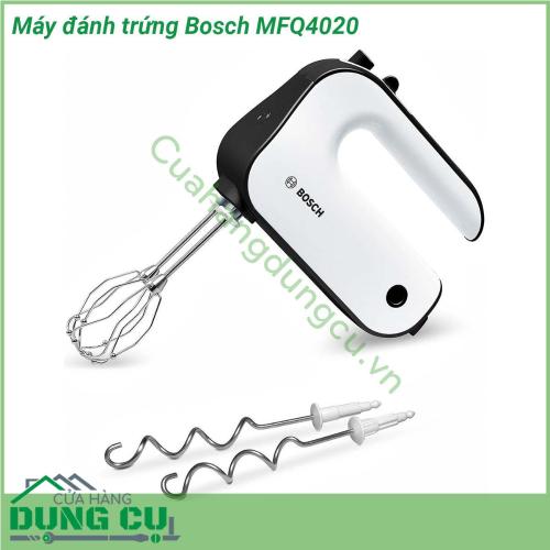 Máy đánh trứng Bosch MFQ4020 có thiết kế gọn nhẹ trang nhã dễ sử dụng hiệu quả lâu bền  hoạt động mạnh mẽ với công suất 450W cùng 5 tốc độ sẽ giúp bạn nhào trộn bột đánh kem đánh trứng và các loại thực phẩm một cách dễ dàng Máy được trang bị 2 bộ que đánh bằng thép không gỉ đảm bảo sức khỏe người dùng và dễ dàng thay thế khi cần thiết Với Máy đánh trứng Bosch MFQ4020 công việc bếp núc của bạn sẽ trở nên nhanh chóng và tiện lợi hơn