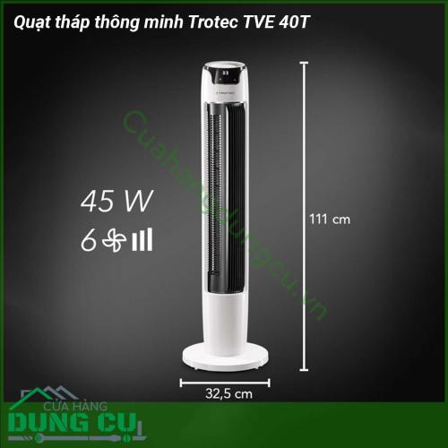 Quạt tháp thông minh Trotec TVE 40T cực kỳ linh hoạt có thể mang lại hiệu quả làm mát mong muốn mọi lúc  Với các chế độ hoạt động khác nhau về cơ bản  quạt tháp Trotec kết hợp ba thiết bị trong một vỏ mỏng thời trang  Trong quá trình hoạt động bình thường  Quạt Tháp Trotec chạy liên tục giúp luân chuyển không khí trong phòng khách và không gian làm việc một cách đáng tin cậy  Đảm bảo cho không khí trong phòng dễ chịu bất cứ lúc nào