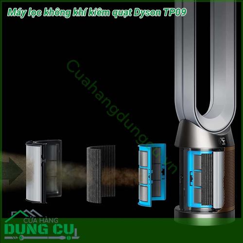 Máy lọc không khí kiêm quạt Dyson TP09 có thiết kế nguyên khối bằng nhựa Khu vực màu trắng trên cùng là để lưu thông không khí trong khi khu vực màu vàng bên dưới là để hút gió Những tấm lưới vàng này có thể tháo rời phía sau là các bộ lọc không khí Có hai lớp bộ lọc Đầu tiên là tấm lọc lưới thép được đặt ngay phía trên máy lọc không khí Trên cùng các bộ lọc HEPA màu trắng được đặt Cuối cùng các lưới vàng bao phủ bộ lọc HEPA để có vẻ ngoài sạch sẽ