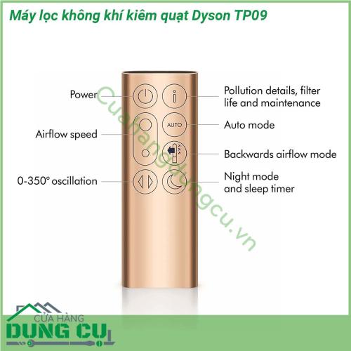 Máy lọc không khí kiêm quạt Dyson TP09 có thiết kế nguyên khối bằng nhựa Khu vực màu trắng trên cùng là để lưu thông không khí trong khi khu vực màu vàng bên dưới là để hút gió Những tấm lưới vàng này có thể tháo rời phía sau là các bộ lọc không khí Có hai lớp bộ lọc Đầu tiên là tấm lọc lưới thép được đặt ngay phía trên máy lọc không khí Trên cùng các bộ lọc HEPA màu trắng được đặt Cuối cùng các lưới vàng bao phủ bộ lọc HEPA để có vẻ ngoài sạch sẽ