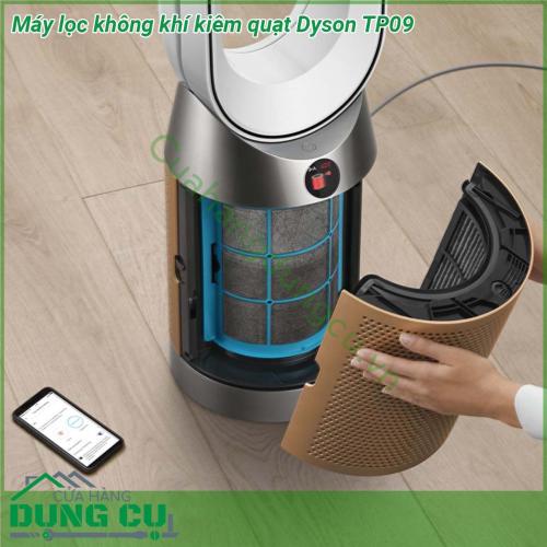 Máy lọc không khí kiêm quạt Dyson TP09 có thiết kế nguyên khối bằng nhựa Khu vực màu trắng trên cùng là để lưu thông không khí trong khi khu vực màu vàng bên dưới là để hút gió Những tấm lưới vàng này có thể tháo rời phía sau là các bộ lọc không khí Có hai lớp bộ lọc Đầu tiên là tấm lọc lưới thép được đặt ngay phía trên máy lọc không khí Trên cùng các bộ lọc HEPA màu trắng được đặt Cuối cùng các lưới vàng bao phủ bộ lọc HEPA để có vẻ ngoài sạch sẽ