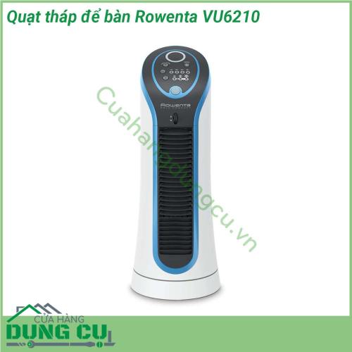 Quạt tháp để bàn Rowenta VU6210 thiết kế gọn nhẹ với tay cầm tích hợp để dễ dàng di chuyển cũng như một loạt các tính năng tiện lợi để tăng thêm sự tiện lợi bao gồm ngăn chứa dây điện thuận tiện hẹn giờ 8 giờ điều chỉnh tự động và tự động tắt sinh thái sau 12 giờ  Quạt tháp với 3 mức tốc độ có thể điều chỉnh cho hiệu quả làm mát riêng  Quạt tháp yên tĩnh chỉ với 45 dB(A) ở mức cài đặt tối thiểu để quạt mát không bị quấy rầy