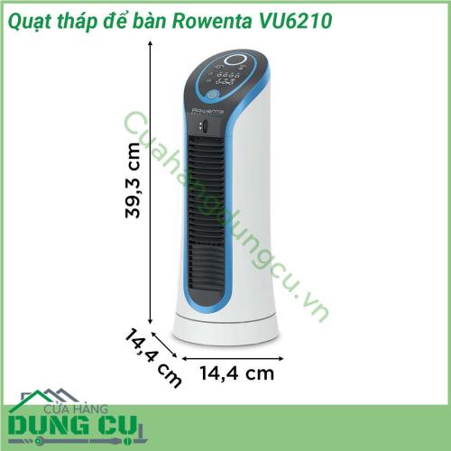 Quạt tháp để bàn Rowenta VU6210 thiết kế gọn nhẹ với tay cầm tích hợp để dễ dàng di chuyển cũng như một loạt các tính năng tiện lợi để tăng thêm sự tiện lợi bao gồm ngăn chứa dây điện thuận tiện hẹn giờ 8 giờ điều chỉnh tự động và tự động tắt sinh thái sau 12 giờ  Quạt tháp với 3 mức tốc độ có thể điều chỉnh cho hiệu quả làm mát riêng  Quạt tháp yên tĩnh chỉ với 45 dB(A) ở mức cài đặt tối thiểu để quạt mát không bị quấy rầy