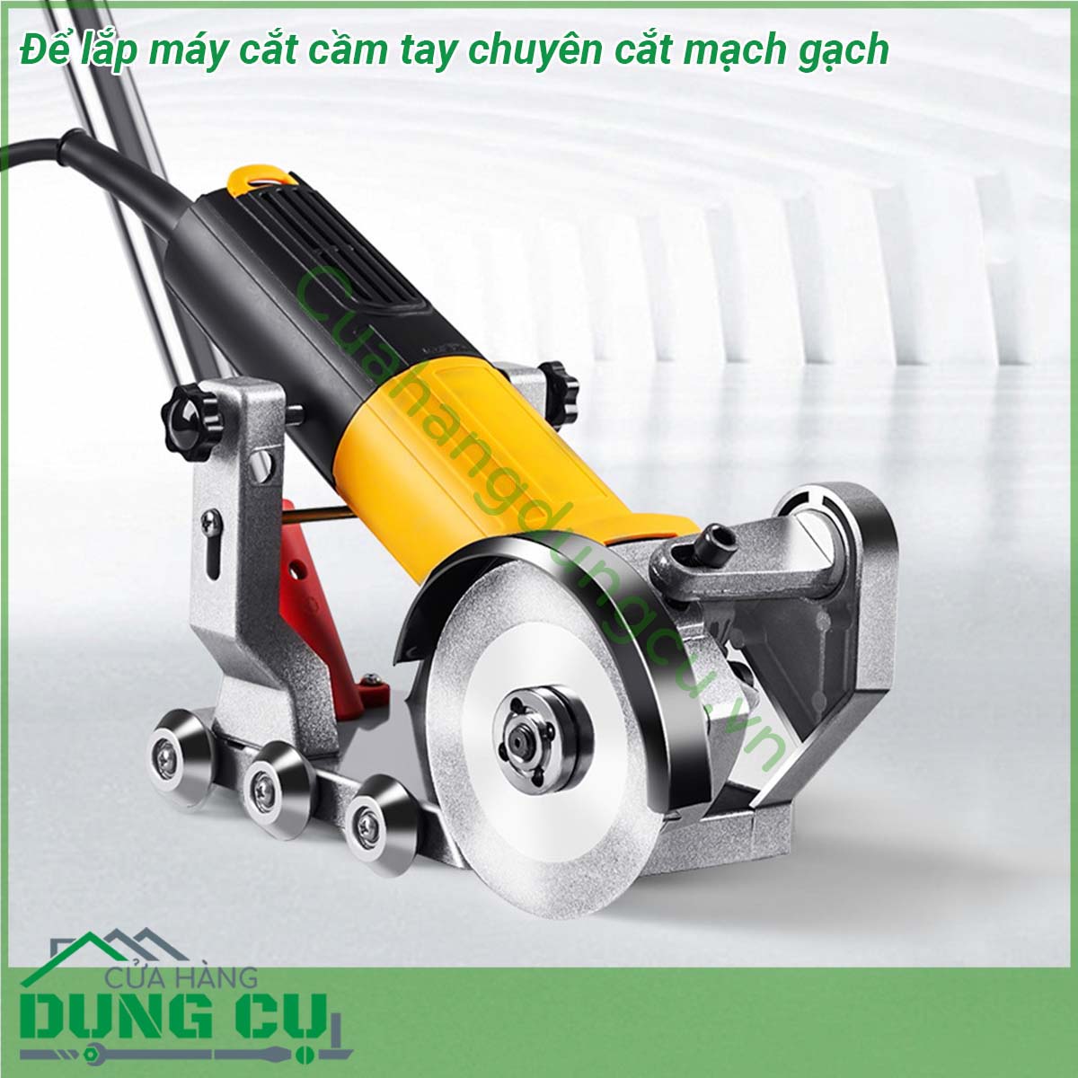 Để lắp máy cắt cầm tay chuyên cắt mạch gạch tương thích với tất cả các dòng máy cắt cầm tay Chất liệu nhôm cao cấp Bánh xe tạo rãnh chuẩn giúp việc vệ sinh mạch gạch một cách nhanh chóng