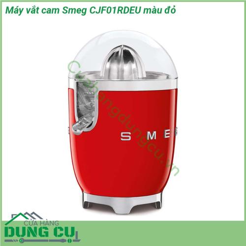 Máy vắt cam Smeg CJF01RDEU màu đỏ sử dụng động cơ 70W bật tắt tự động tích hợp sẵn Có khả năng chống thấm bởi làm từ thép không gỉ chặn dòng chảy và giúp ngăn chặn tình trạng nhỏ nước không đáng có An toàn cho sức khỏe người dùng bởi bát đựng nước thành phẩm làm bằng chất liệu Tritan chống ăn mòn không độc hại