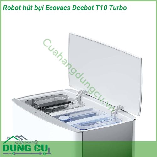 Robot hút bụi Ecovacs Deebot T10 Turbo sở hữu màu trắng trang nhã dễ dàng thích ứng với nhiều phong cách trang trí không gian khác nhau Kiểu dáng nhỏ gọn có khả năng di chuyển linh hoạt và tiếp cận nhiều vị trí nhỏ hẹp trong nhà giúp làm sạch tối đa Trạm gốc của robot có kích thước khá lớn với chức năng tự động làm sạch khăn lau đồng thời sấy khô bằng không khí nóng trong 2 giờ khử trùng bằng ion bạc 99 9 mà người dùng hoàn toàn không cần phải thao tác bằng tay