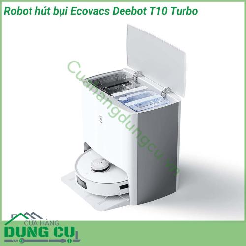 Robot hút bụi Ecovacs Deebot T10 Turbo sở hữu màu trắng trang nhã dễ dàng thích ứng với nhiều phong cách trang trí không gian khác nhau Kiểu dáng nhỏ gọn có khả năng di chuyển linh hoạt và tiếp cận nhiều vị trí nhỏ hẹp trong nhà giúp làm sạch tối đa Trạm gốc của robot có kích thước khá lớn với chức năng tự động làm sạch khăn lau đồng thời sấy khô bằng không khí nóng trong 2 giờ khử trùng bằng ion bạc 99 9 mà người dùng hoàn toàn không cần phải thao tác bằng tay