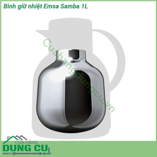 Bình giữ nhiệt Emsa Samba 1L là thiết kế đặc trưng của EMSA giúp rót nước dễ dàng mà không cần xoay mở nắp bình  Vỏ bình được làm bằng nhựa mờ cao cấp thiết kế đơn giản trang nhã nhiều màu sắc  Màu sắc nổi bật quai cầm chắc chắn không lo đổ vỡ Bình giữ nhiệt EMSA SAMBA có lớp giữ nhiệt bằng chân không bên trong thiết kế thuỷ tinh tráng men chịu lực siêu bền