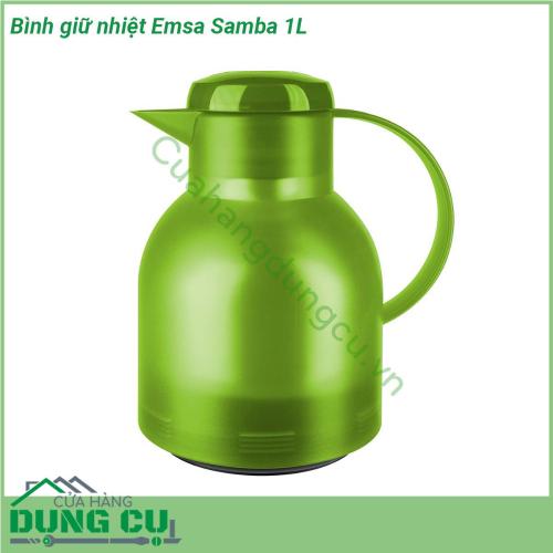 Bình giữ nhiệt Emsa Samba 1L là thiết kế đặc trưng của EMSA giúp rót nước dễ dàng mà không cần xoay mở nắp bình  Vỏ bình được làm bằng nhựa mờ cao cấp thiết kế đơn giản trang nhã nhiều màu sắc  Màu sắc nổi bật quai cầm chắc chắn không lo đổ vỡ Bình giữ nhiệt EMSA SAMBA có lớp giữ nhiệt bằng chân không bên trong thiết kế thuỷ tinh tráng men chịu lực siêu bền