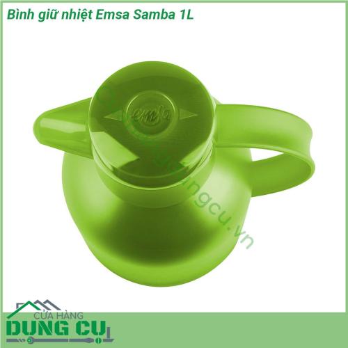 Bình giữ nhiệt Emsa Samba 1L là thiết kế đặc trưng của EMSA giúp rót nước dễ dàng mà không cần xoay mở nắp bình  Vỏ bình được làm bằng nhựa mờ cao cấp thiết kế đơn giản trang nhã nhiều màu sắc  Màu sắc nổi bật quai cầm chắc chắn không lo đổ vỡ Bình giữ nhiệt EMSA SAMBA có lớp giữ nhiệt bằng chân không bên trong thiết kế thuỷ tinh tráng men chịu lực siêu bền