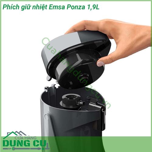 Phích giữ nhiệt Emsa Ponza 1 9L với 2 lớp cách nhiệt giúp giữ đồ uống lạnh lên đến 24 tiếng và đồ uống nóng đến 12 tiếng Chân có đế xoay giúp bình có thể được xoay về các hướng khác nhau dễ dàng có tay cầm dễ xách đi hay di chuyển Đầu bơm cũng như chỗ hứng nước nhỏ giọt có thể tháo lắp dễ dàng để vệ sinh và có thể rửa được trong máy rửa bát