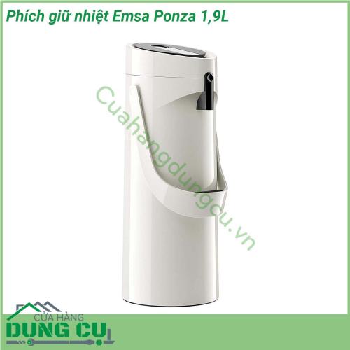 Phích giữ nhiệt Emsa Ponza 1 9L với 2 lớp cách nhiệt giúp giữ đồ uống lạnh lên đến 24 tiếng và đồ uống nóng đến 12 tiếng Chân có đế xoay giúp bình có thể được xoay về các hướng khác nhau dễ dàng có tay cầm dễ xách đi hay di chuyển Đầu bơm cũng như chỗ hứng nước nhỏ giọt có thể tháo lắp dễ dàng để vệ sinh và có thể rửa được trong máy rửa bát