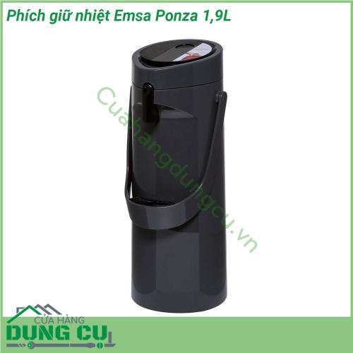 Phích giữ nhiệt Emsa Ponza 1 9L với 2 lớp cách nhiệt giúp giữ đồ uống lạnh lên đến 24 tiếng và đồ uống nóng đến 12 tiếng Chân có đế xoay giúp bình có thể được xoay về các hướng khác nhau dễ dàng có tay cầm dễ xách đi hay di chuyển Đầu bơm cũng như chỗ hứng nước nhỏ giọt có thể tháo lắp dễ dàng để vệ sinh và có thể rửa được trong máy rửa bát