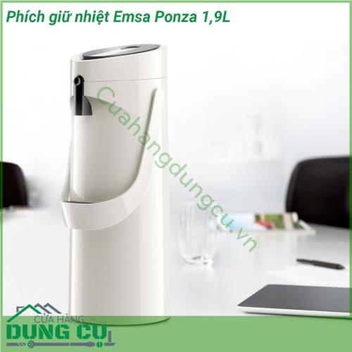 Phích giữ nhiệt Emsa Ponza 1 9L với 2 lớp cách nhiệt giúp giữ đồ uống lạnh lên đến 24 tiếng và đồ uống nóng đến 12 tiếng Chân có đế xoay giúp bình có thể được xoay về các hướng khác nhau dễ dàng có tay cầm dễ xách đi hay di chuyển Đầu bơm cũng như chỗ hứng nước nhỏ giọt có thể tháo lắp dễ dàng để vệ sinh và có thể rửa được trong máy rửa bát