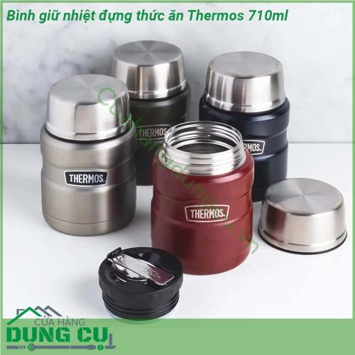 Bình giữ nhiệt đựng thức ăn Thermos 710ml với thiết kế nhỏ gọn kiểu dáng sang trọng  thiết kế an toàn bên trong và bên ngoài bình được chế tạo hoàn toàn bằng thép không gỉ chống trầy xước cho độ bền cao khi sử dụng hàng ngày Bình giữ nhiệt đựng thức ăn Thermos sẽ là người bạn đồng hành không thể thiếu của bạn cho mỗi chuyến đi du lịch công ty hay đến trường học   