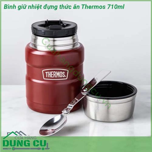 Bình giữ nhiệt đựng thức ăn Thermos 710ml với thiết kế nhỏ gọn kiểu dáng sang trọng  thiết kế an toàn bên trong và bên ngoài bình được chế tạo hoàn toàn bằng thép không gỉ chống trầy xước cho độ bền cao khi sử dụng hàng ngày Bình giữ nhiệt đựng thức ăn Thermos sẽ là người bạn đồng hành không thể thiếu của bạn cho mỗi chuyến đi du lịch công ty hay đến trường học   