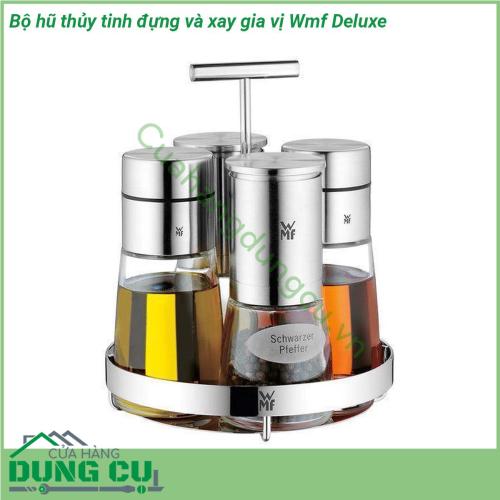 Bộ hũ thủy tinh đựng và xay gia vị Wmf Deluxe có hộp đựng làm bằng thủy tinh dễ dàng để làm sạch và làm sạch trong máy rửa chén Phần trên tùy chọn làm bằng thép không gỉ Cromargan 18 10  Giá đỡ đựng giấm và dầu cối xay muối cối xay tiêu làm bằng thép không gỉ Cromargan chống gỉ  Thích hợp cho dầu giấm nước tương​​​​​​​