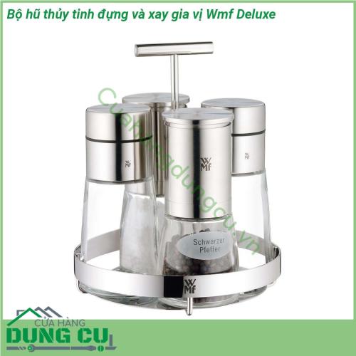 Bộ hũ thủy tinh đựng và xay gia vị Wmf Deluxe có hộp đựng làm bằng thủy tinh dễ dàng để làm sạch và làm sạch trong máy rửa chén Phần trên tùy chọn làm bằng thép không gỉ Cromargan 18 10  Giá đỡ đựng giấm và dầu cối xay muối cối xay tiêu làm bằng thép không gỉ Cromargan chống gỉ  Thích hợp cho dầu giấm nước tương​​​​​​​