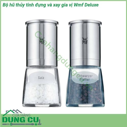 Bộ hũ thủy tinh đựng và xay gia vị Wmf Deluxe có hộp đựng làm bằng thủy tinh dễ dàng để làm sạch và làm sạch trong máy rửa chén Phần trên tùy chọn làm bằng thép không gỉ Cromargan 18 10  Giá đỡ đựng giấm và dầu cối xay muối cối xay tiêu làm bằng thép không gỉ Cromargan chống gỉ  Thích hợp cho dầu giấm nước tương​​​​​​​