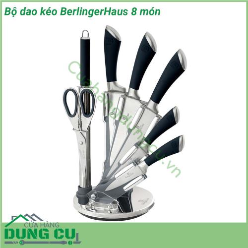 Bộ dao kéo BerlingerHaus 8 món với chất liệu lưỡi thép không gỉ và cán thép chống trượt kèm theo là giá để rất gọn gàng và sang trọng Với thiết kế chuyên dụng dùng cho nhiều mục đích đa dạng khi làm bếp từ việc chặt xương thái thịt gọt rau củ cho đến việc chiên xào thức ăn tất cả đều có trong bộ dao và dụng cụ nhà bếp Berlinger Haus Đây sẽ là bộ sản phẩm hữu dụng hỗ trợ cho các bà nội trợ trong việc tạo ra các món ăn ngon một cách nhanh chóng