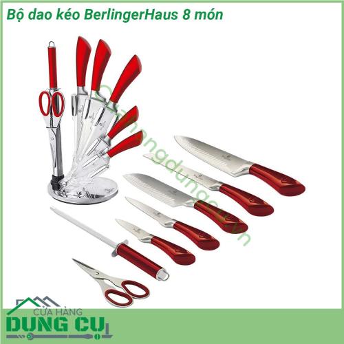 Bộ dao kéo BerlingerHaus 8 món với chất liệu lưỡi thép không gỉ và cán thép chống trượt kèm theo là giá để rất gọn gàng và sang trọng Với thiết kế chuyên dụng dùng cho nhiều mục đích đa dạng khi làm bếp từ việc chặt xương thái thịt gọt rau củ cho đến việc chiên xào thức ăn tất cả đều có trong bộ dao và dụng cụ nhà bếp Berlinger Haus Đây sẽ là bộ sản phẩm hữu dụng hỗ trợ cho các bà nội trợ trong việc tạo ra các món ăn ngon một cách nhanh chóng