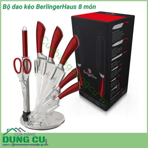 Bộ dao kéo BerlingerHaus 8 món với chất liệu lưỡi thép không gỉ và cán thép chống trượt kèm theo là giá để rất gọn gàng và sang trọng Với thiết kế chuyên dụng dùng cho nhiều mục đích đa dạng khi làm bếp từ việc chặt xương thái thịt gọt rau củ cho đến việc chiên xào thức ăn tất cả đều có trong bộ dao và dụng cụ nhà bếp Berlinger Haus Đây sẽ là bộ sản phẩm hữu dụng hỗ trợ cho các bà nội trợ trong việc tạo ra các món ăn ngon một cách nhanh chóng