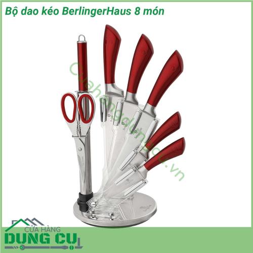 Bộ dao kéo BerlingerHaus 8 món với chất liệu lưỡi thép không gỉ và cán thép chống trượt kèm theo là giá để rất gọn gàng và sang trọng Với thiết kế chuyên dụng dùng cho nhiều mục đích đa dạng khi làm bếp từ việc chặt xương thái thịt gọt rau củ cho đến việc chiên xào thức ăn tất cả đều có trong bộ dao và dụng cụ nhà bếp Berlinger Haus Đây sẽ là bộ sản phẩm hữu dụng hỗ trợ cho các bà nội trợ trong việc tạo ra các món ăn ngon một cách nhanh chóng