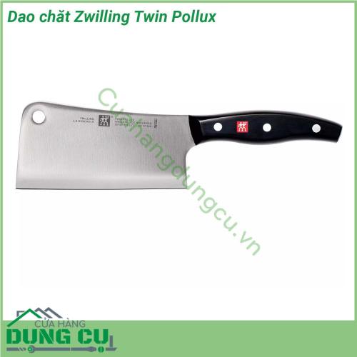 Dao chặt Zwilling Twin Pollux được làm bằng thép không gỉ lưỡi dao sắc bén sẽ giúp bạn có thể chế biến được những thực phẩm có độ cứng cao như xương động vật hoặc những thực phẩm dai hoặc cứng Dao được thiết kế to bản có độ nặng vừa phải để những vết cắt luôn gọn gàng tạo tính thẩm mỹ cho những món ăn Lưỡi dao và chuôi dao được liên kết bởi đinh tán chuôi dao được thiết kế có độ cong để dễ cầm nắm và điều khiển một cách linh động dễ dàng