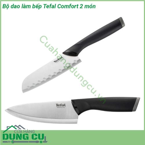 Bộ dao làm bếp Tefal Comfort 2 món được làm bằng thép không gỉ có tay cầm Ergonomic được thiết kế mềm mại giúp thoải mái khi cầm và dễ dàng thao tác Lưỡi dao bằng thép không gỉ chất lượng cao đem đến độ sắc bén và độ bền dài lâu đồng thời vỏ bọc lưỡi dao an toàn bảo vệ từng lưỡi dao giúp đảm bảo an toàn và dễ bảo quản khi không sử dụng