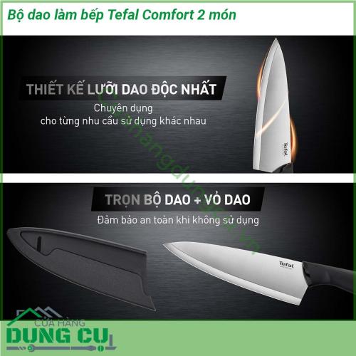 Bộ dao làm bếp Tefal Comfort 2 món được làm bằng thép không gỉ có tay cầm Ergonomic được thiết kế mềm mại giúp thoải mái khi cầm và dễ dàng thao tác Lưỡi dao bằng thép không gỉ chất lượng cao đem đến độ sắc bén và độ bền dài lâu đồng thời vỏ bọc lưỡi dao an toàn bảo vệ từng lưỡi dao giúp đảm bảo an toàn và dễ bảo quản khi không sử dụng