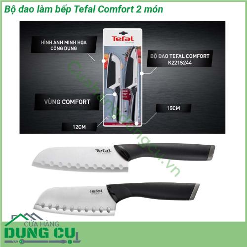 Bộ dao làm bếp Tefal Comfort 2 món được làm bằng thép không gỉ có tay cầm Ergonomic được thiết kế mềm mại giúp thoải mái khi cầm và dễ dàng thao tác Lưỡi dao bằng thép không gỉ chất lượng cao đem đến độ sắc bén và độ bền dài lâu đồng thời vỏ bọc lưỡi dao an toàn bảo vệ từng lưỡi dao giúp đảm bảo an toàn và dễ bảo quản khi không sử dụng