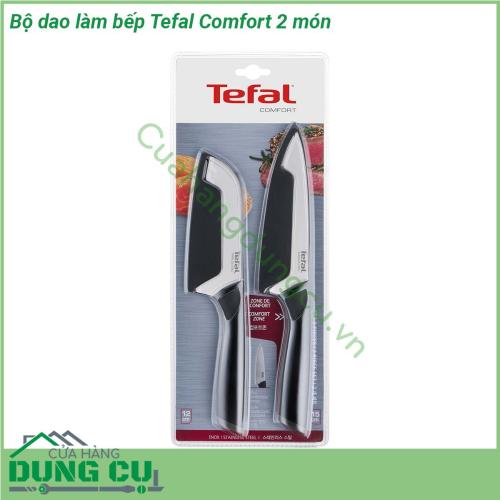 Bộ dao làm bếp Tefal Comfort 2 món được làm bằng thép không gỉ có tay cầm Ergonomic được thiết kế mềm mại giúp thoải mái khi cầm và dễ dàng thao tác Lưỡi dao bằng thép không gỉ chất lượng cao đem đến độ sắc bén và độ bền dài lâu đồng thời vỏ bọc lưỡi dao an toàn bảo vệ từng lưỡi dao giúp đảm bảo an toàn và dễ bảo quản khi không sử dụng