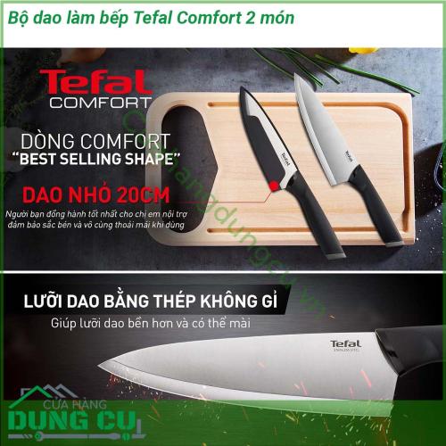 Bộ dao làm bếp Tefal Comfort 2 món được làm bằng thép không gỉ có tay cầm Ergonomic được thiết kế mềm mại giúp thoải mái khi cầm và dễ dàng thao tác Lưỡi dao bằng thép không gỉ chất lượng cao đem đến độ sắc bén và độ bền dài lâu đồng thời vỏ bọc lưỡi dao an toàn bảo vệ từng lưỡi dao giúp đảm bảo an toàn và dễ bảo quản khi không sử dụng