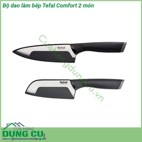 Bộ dao làm bếp Tefal Comfort 2 món được làm bằng thép không gỉ có tay cầm Ergonomic được thiết kế mềm mại giúp thoải mái khi cầm và dễ dàng thao tác Lưỡi dao bằng thép không gỉ chất lượng cao đem đến độ sắc bén và độ bền dài lâu đồng thời vỏ bọc lưỡi dao an toàn bảo vệ từng lưỡi dao giúp đảm bảo an toàn và dễ bảo quản khi không sử dụng