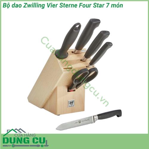 Bộ dao Zwilling Vier Sterne Four Star 7 món được rèn và định hình với độ chính xác cao từ một mảnh vật liệu duy nhất lưỡi và cán đúc liền nguyên khối Trong quá trình đặc biệt này thép phải chịu nhiệt độ khắc nghiệt trong một số bước Sau đó mỗi con dao được mài sắc với độ chính xác của tia laser Một sự kết hợp tuyệt vời đảm bảo độ sắc nét bền vững chống ăn mòn và khả năng giữ độ sắc nét cực tốt