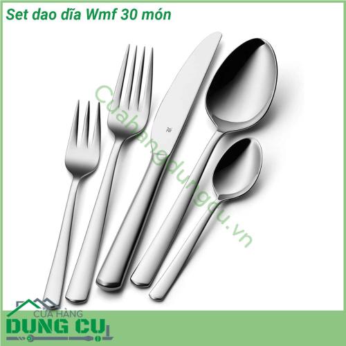 Set dao dĩa Wmf 30 món cung cấp cho bạn sáu nĩa ăn tối dao và thìa nĩa bánh và muỗng cà phê để dùng với nhiều món ăn và món ăn Dao dĩa WMF có nhiều kiểu dáng được làm hoàn toàn bằng thép Cromagan không gỉ cao cấp 18 10 tay cầm được WMF thiết kế tinh tế giúp việc sử dụng dễ dàng mang đến cho người dùng cảm giác mới mẻ sang trọng