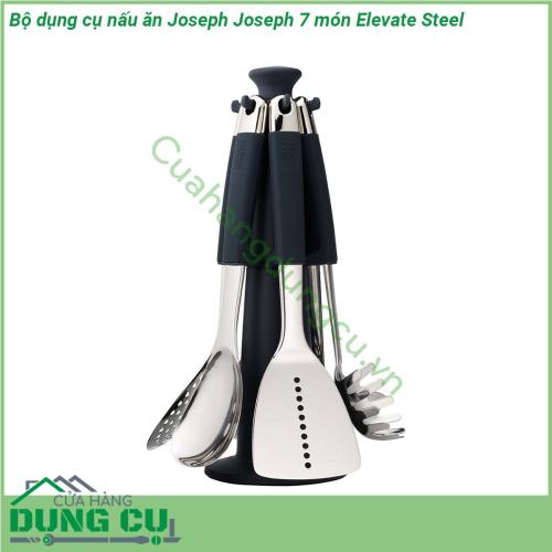 Bộ dụng cụ nấu ăn Joseph Joseph 7 món Elevate Steel dùng bằng thép không gỉ và nhựa cao cấp có khả năng chịu nhiệt lên đến 200°C  Tay cầm có độ dài vừa phải chịu nhiệt cao thuận lợi cho việc cầm nắm Đồng thời sản phẩm cũng có lỗ treo ở thân cầm thuận tiện cho việc cất giữ hoặc treo móc tạo sự tiện lợi tối đa khi sử dụng