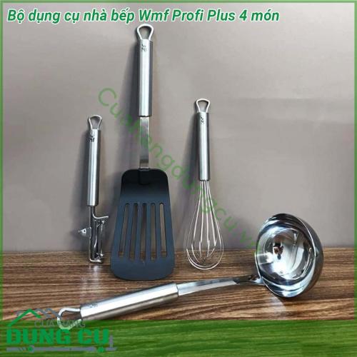 Bộ dụng cụ nhà bếp Wmf Profi Plus 4 món được sản xuất bởi thương hiệu “gia dụng ngôi sao” WMF chế tác tỉ mỉ trên chất liệu inox 304 hay còn được biết đến là thép không gỉ 18 10 là chất liệu cao cấp không bị bào mòn và oxi hóa đặc biệt an toàn tuyệt đối với sức khỏe người tiêu dùng theo tiêu chuẩn Châu Âu