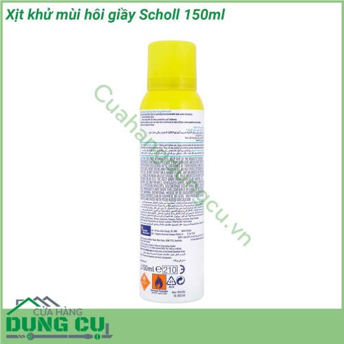 Xịt khử mùi hôi giày Scholl 150ml dạng chai xịt tiện dụng sản phẩm của Đức dành cho người thường xuyên phải đi giày người nhiều mồ hôi chân với khả năng loại bỏ mùi hôi khó chịu Sản phẩm dạng xịt được đóng chai 150ml tiện dụng Sản phẩm xịt khử mùi hôi giày phù hợp với những người thường xuyên mang giày hoặc giày để lâu trong tủ có mùi khó chịu cũng có thể được cải thiện nhanh chóng Sản phẩm loại bỏ vi khuẩn trong giày tất và để lại sự khô thoáng sạch sẽ và sự an tâm cho người sử dụng