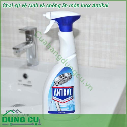 Chai xịt vệ sinh và chống ăn mòn inox Antikal dung tích 750 ml là một sản phẩm vô cùng lý tưởng để loại bỏ cặn vôi cứng đầu cặn xà phòng và vết nước đọng trong nhà bếp và phòng tắm  Sản phẩm đã được thử nghiệm và được chứng minh khả năng loại bỏ tới 100 cặn vôi bám trên các bề mặt inox