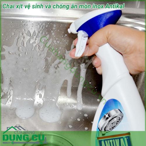 Chai xịt vệ sinh và chống ăn mòn inox Antikal dung tích 750 ml là một sản phẩm vô cùng lý tưởng để loại bỏ cặn vôi cứng đầu cặn xà phòng và vết nước đọng trong nhà bếp và phòng tắm  Sản phẩm đã được thử nghiệm và được chứng minh khả năng loại bỏ tới 100 cặn vôi bám trên các bề mặt inox